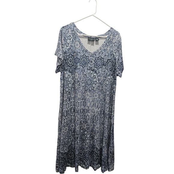 Cynthia Rowley 2X Blue Printed Dress Plus Size V-Neck Short Sleeve Stretchy - Picture 1 of 6
